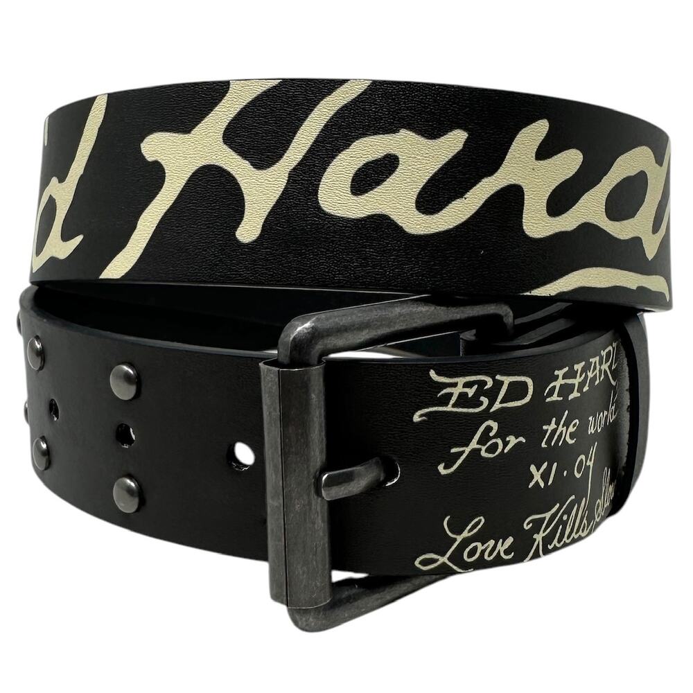 Ed Hardy Black and Cream Graphic Leather Belt